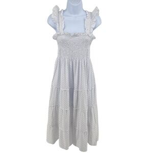 Hill House Home Ellie Nap Tiered Dress White Blue Swiss Dot Smocked Midi Medium